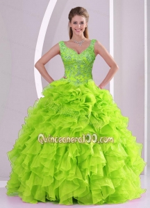 Featured Beading and Ruffles Quince Dresses in Green