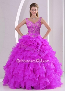 Unique Fuchsia Quince Dresses with Beading and Ruffles