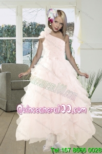 2015 Gorgeous A Line One Shoulder Baby Pink Little Girl Dress with Beading and Ruffles