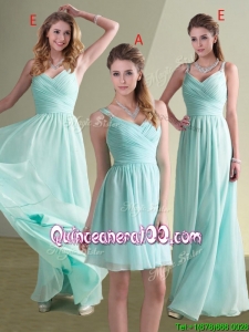 New Style Straps Beaded and Ruched Aqua Blue Dama Dress in Chiffon