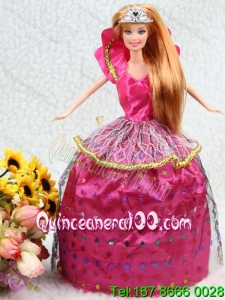 Elegant Hot Pink Taffeta Ball Gown Party Clothes Embroidery Dress For Nobel Barbie