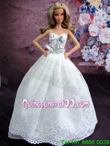 Elegant White Gown With White Lace and Bowknot Made To Fit The Barbie Doll