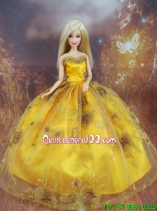 Beading Decorate Ball Gown Gold Barbie Doll Dress