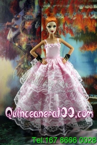 Luxurious Pink Gown With Ruffled Layers Lace For Barbie Doll