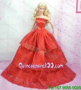 Rust Red Princess Dress With Embroidery Gown For Barbie Doll