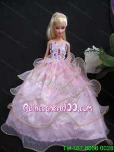 Luxurious Ruffled Layeres Baby Pink Handmade Summer Wear Dress Clothes Gown For Barbie Doll