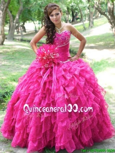 Brand New Really Puffy Hot Pink Quinceanera Dress with Appliques and Ruffled Layers
