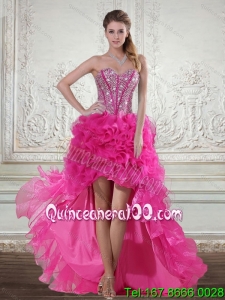 2015 Hot Pink High Low Sweetheart Dama Dresses with Beading and Ruffled Layers
