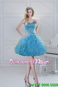 2015 Prefect Ball Gown Baby Blue Beading Dama Dresses for Spring