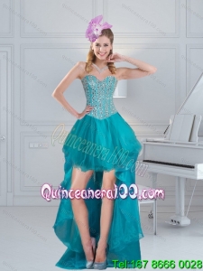 Affordable Teal High Low Sweetheart Beading Dama Dresses for 2015