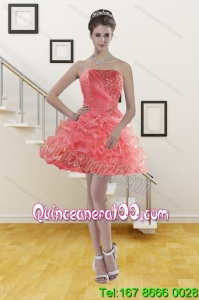 Ruffled Watermelon Red Strapless 2015 Dama Dresses with Beading
