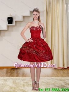 2015 Ball Gown Wine Red Strapless Cheap Dama Dresses with Embroidery