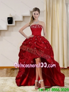 2015 Pretty Strapless Red Cheap Dama Dresses with Embroidery and Pick Ups