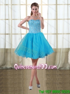 2015 Puffy Baby Blue Sweetheart Short Cheap Dama Dresses with Beading
