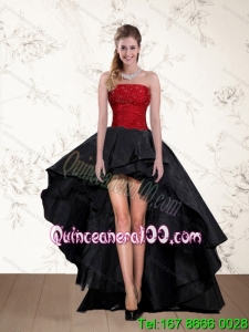 Cheap High Low Strapless Beading Cheap Dama Dresses in Red and Black