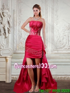 High Low Strapless Ruffled Coral Red Cheap Dama Dresses with Hand Made Flower