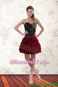 Red and Black Sweetheart Cheap Dama Dresses with Ruffles and Beading