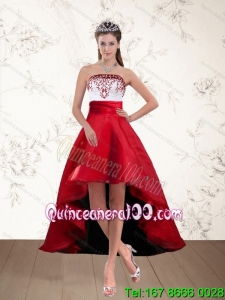 Pretty White And Wine Red High Low Strapless Cheap Dama Dresses with Embroidery