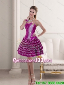 2015 Cheap Fuchsia Strapless Dama Dresses with Ruffled Layers and Beading