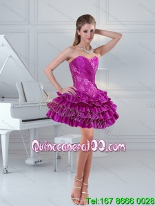 Fuchsia Cheap Short Sweetheart Ruffled Layers Beading Dama Dresses