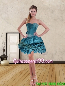 Teal Cheap Sweetheart Short Dama Dress with Ruffled Layers and Beading