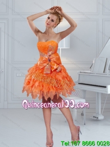 2015 Cheap Orange Strapless Dama Dresses with Ruffles and Bowknot