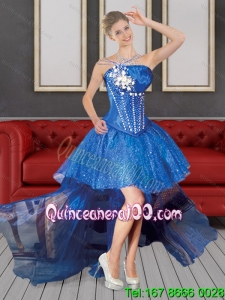 2015 Cheap and Puffy Strapless High Low Blue Dama Dresses with Beading