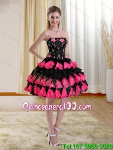 Cheap Ball Gown Pink and Black Strapless Dama Dresses with Appliques and Ruffles