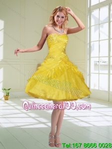 Cheap Yellow Ball Gown Sweetheart Dama Dresses with Beading and Ruffles