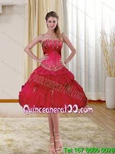 Popular and Cheap Strapless Beading and Ruffles 2015 Dama Dresses in Red