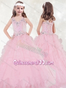 Discount V Neck Brush Train Little Girl Pageant Dress with Beading and Ruffled Layers