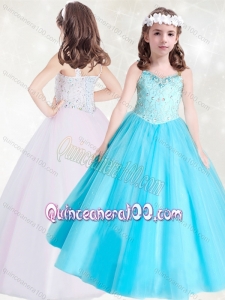 Fashionable Straps Beaded Little Girl Pageant Dress in Aqua Blue