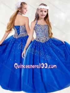 Gorgeous Halter Top Beading Little Girl Pageant Dress in Royal Blue