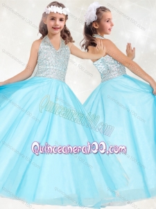 Modest Beaded Baby Blue Mini Quinceanera Dress with Halter Top