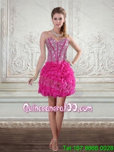 2015 New Style Sweetheart Hot Pink Prom Gown with Beading and Ruffled Layers