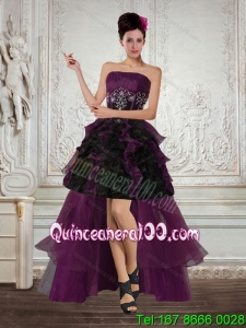High Low Multi Color Strapless Prom Dresses with Ruffles and Embroidery