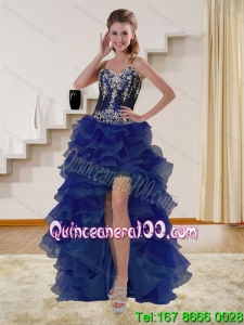 High Low Navy Blue Sweetheart Prom Dresses with Beading and Embroidery