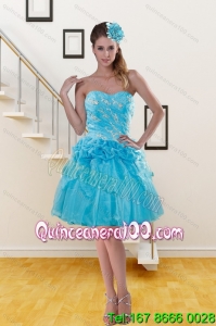 2015 Pretty Sweetheart Beaded Aqua Blue Prom Dresses with Beading