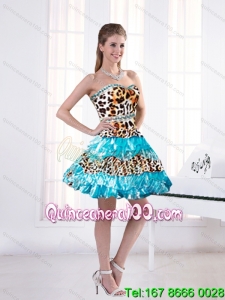 2015 Leopard Printed Sweetheart Beaded Mini Length Prom Dresses in Aqua Blue