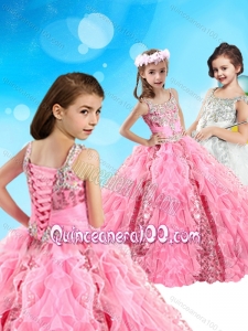 Lovely Beaded and Ruffled Big Puffy Little Girl Pageant Dress in Pink