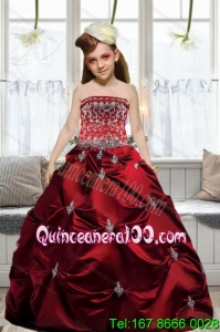 Fashionable 2015 Strapless Wine Red Embroidery Little Girl Pageant Dresses