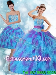 Beaded Strapless Multi Color Quinceanera Dresses with Ruffles and Sash