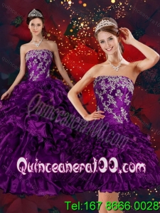 2015 Strapless Quinceanera Dress with Embroidery and Ruffles
