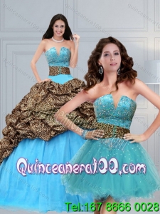 2015 Leopard Printed Baby Blue Brush Train Beading 16 Birthaday Party Dresses
