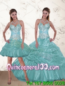 2015 Popular Halter Top Aqua Blue 16 Birthaday Party Dresses with Beading and Ruffles