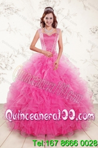 Popular 2015 Sweetheart Hot Pink Quince Gown with Beading and Ruffles