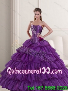 2015 Affordable Purple Quinceanera Dress with Ruffled Layers and Beading