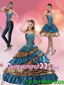 2015 Teal and Brown Sweetheart Sweet 15 Dress with Beading and Ruffled Layers