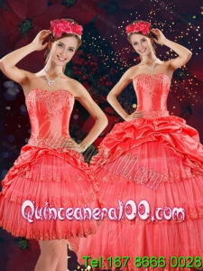Strapless Quinceanera Dresses with Beading and Pick Ups in Coral Red