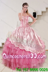 Strapless Pink 2015 Cute Spring Quinceanera Dresses with Embroidery and Ruffles